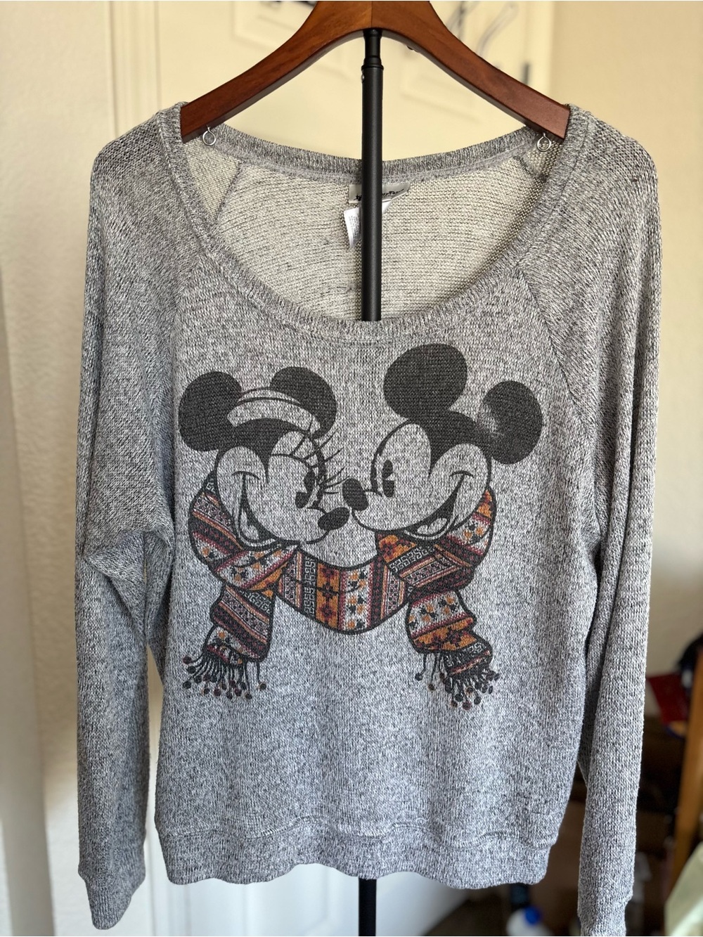 Disney Gray Mickey & Minnie Sweater with Patterned Scarf Graphic
